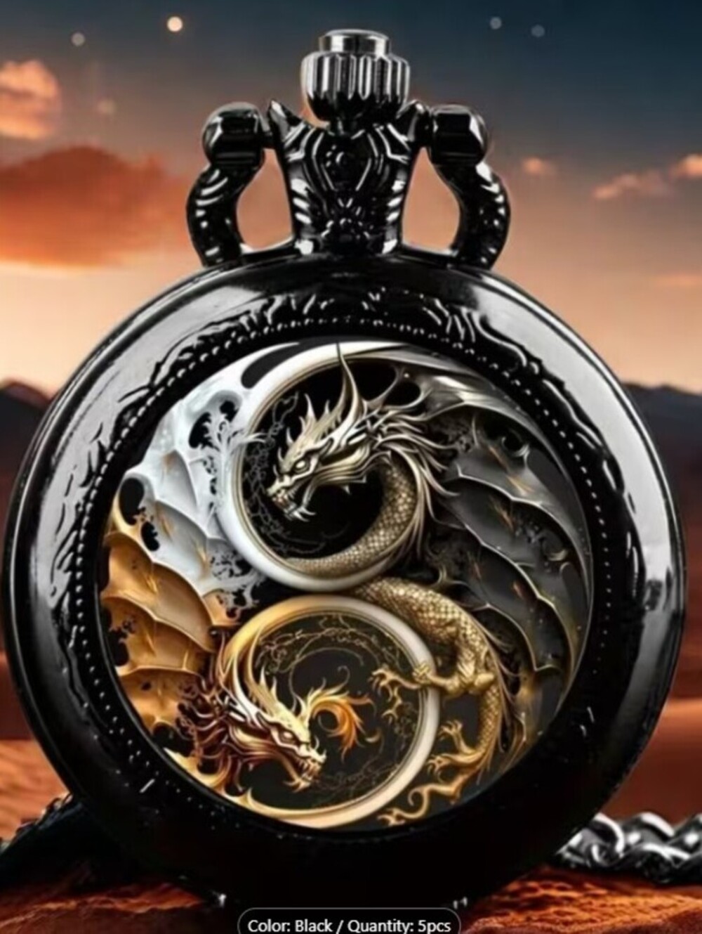 Black Dragon Yin Yang Pocket Watch with Chain NWOT